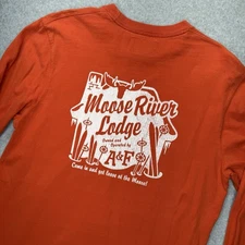 VTG Abercrombie and Fitch Small Orange Long Sleeve Moose River Lodge TShirt Y2K