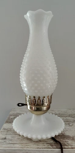 Vintage White Milk Glass Hobnail Electric Hurricane Lamp 13"