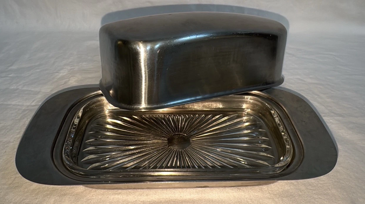 Vintage Hankyu Japan Stainless 18-8 Covered Butter Dish w/Glass Insert MCM