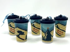 Lot of 5 Dutch Bros 2018 Holiday Ornament Coffee Cups Ski Tree Stripe Logo Used