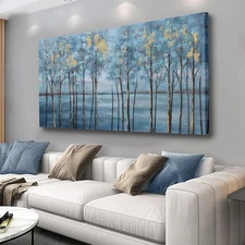 Tree Canvas Wall Art Modern Blue Artwork Hanging Aesthetic Canvas Painting Po...