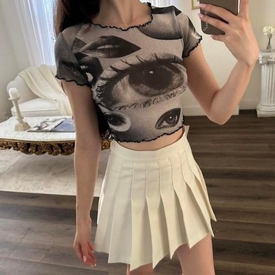 Virus Clothing XS Eye Print Graphic Mesh Crop Top