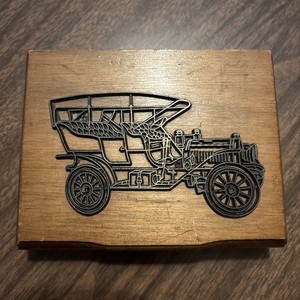 Antique Car Playing Card Box 1985 Wood Box with Metal  Model T Car Vintage