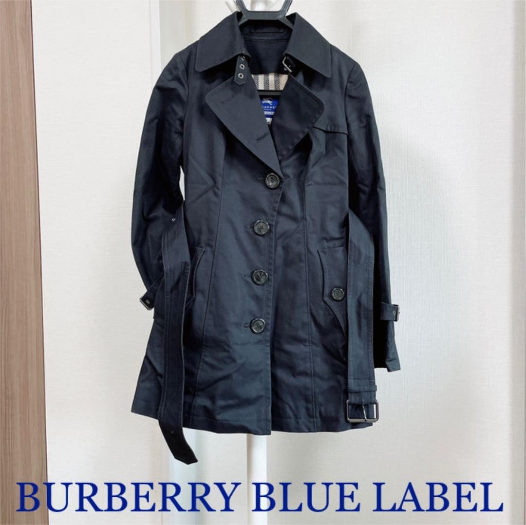 Burberry Blue Label Trench Coat Black Polyester Check Pattern Size 38 Women
