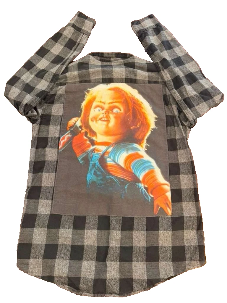Chucky Forever 21 Sz S Flannel Plaid Gray & Black Button down Retro