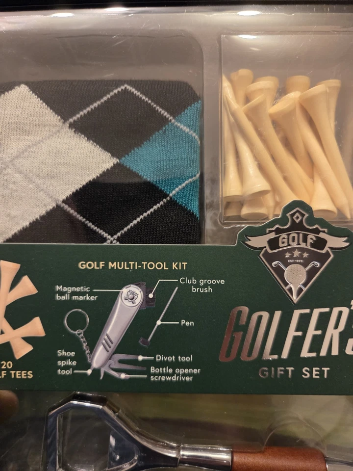 Juego de regalo para golfista dorado kit multiherramienta calcetines abridor de botellas de golf 20 camisetas de golf Foto 4 de 4