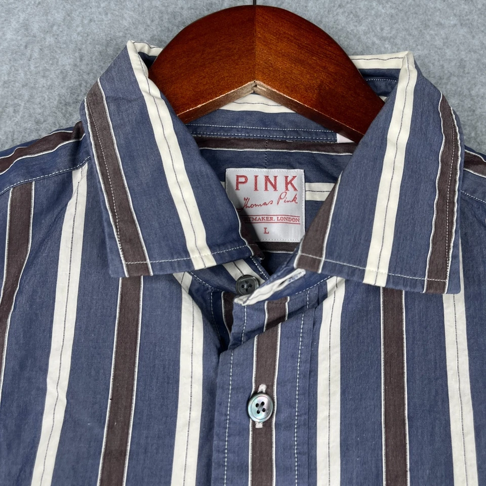 Camisa Rosa Thomas Grande Azul Rayas Abotonada Manga Larga Informal Hombre Foto 4 de 4