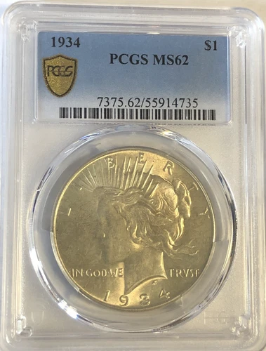 1934  PEACE " PCGS [GOLD SHIELD]  MS62" - COLOR AND DETAILS OUTSTANDING💥 ✅