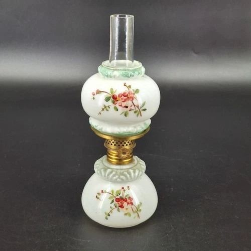 Vtg Miniature Milk Glass Oil Lamp with Hand-Painted Floral Design & Brass Burner