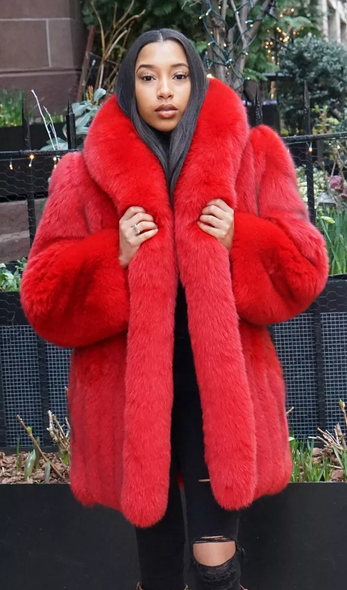 Women Genuine Fox Fur Coat Relaxed Fashion Red Winter Thick Warm