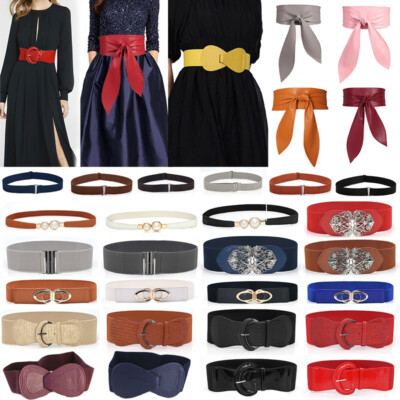 Womens Belt Wide Buckle Elastic Stretch Women Faux Leather Skinny Waist Dress  ๑
