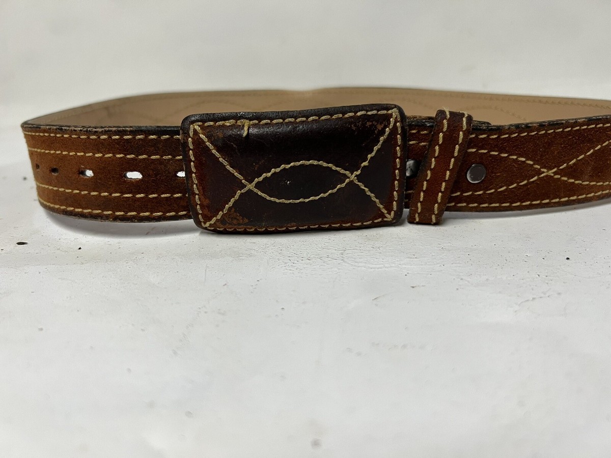 Vtg Leather Genuine Cow Hide Split Belt. Stitched Belt Buckle