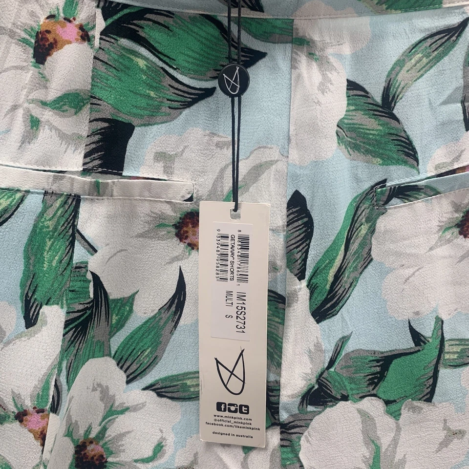 Nuevo con etiquetas Pantalones Cortos MinkPink Mujer Talla S Verde Blanco Estampado Floral Primavera Cintura Alta Foto 3 de 4