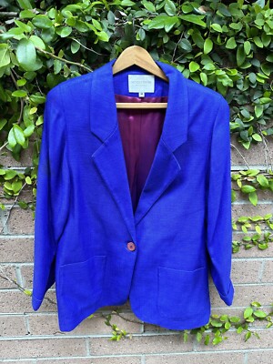 Vtg Nordstrom Petite Focus Womens Cobalt Blue 3/4 Sleeve One Button Blazer Sz M