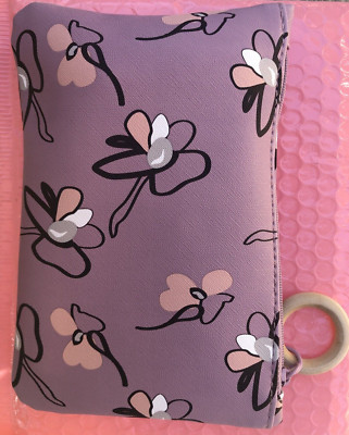 IPSY Mauve Floral Cosmetic Makeup Bag - Wood Zip Pull - BAG ONLY - NEW