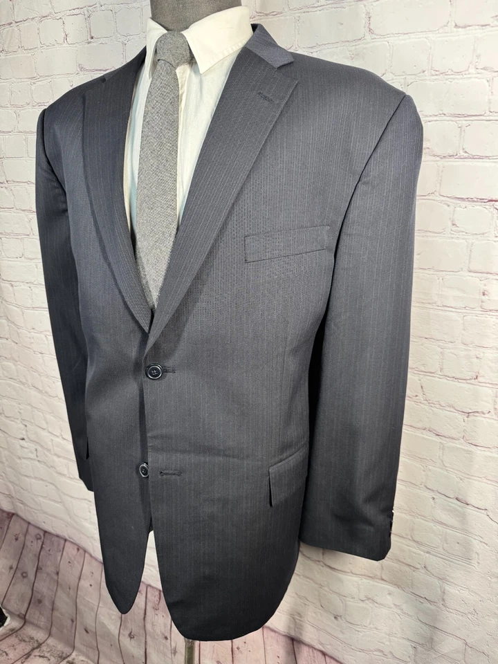 HAGGAR Mens Navy Blue Classic Pinstripe Pleated 2 Pc Suit 46R Jacket 42x33 Pant - Image 3 of 4