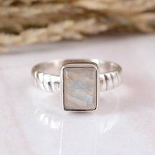925 Sterling Silver Band Blue Fire Natural Rainbow Moonstone Ring Wedding Party