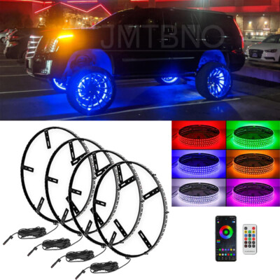 4PCS For Cadillac Escalade 15.5'' RGB LED Chaser Wheel Ring Light Rim Lights APP