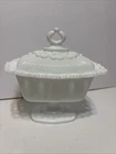 Vintage Indiana Glass Milk Glass Lace Edge Pedestal Lidded Candy Dish