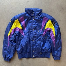 Vintage Descente Ski Jacket Retro Mens M Blue Purple Yellow 90s Colorblock Hood
