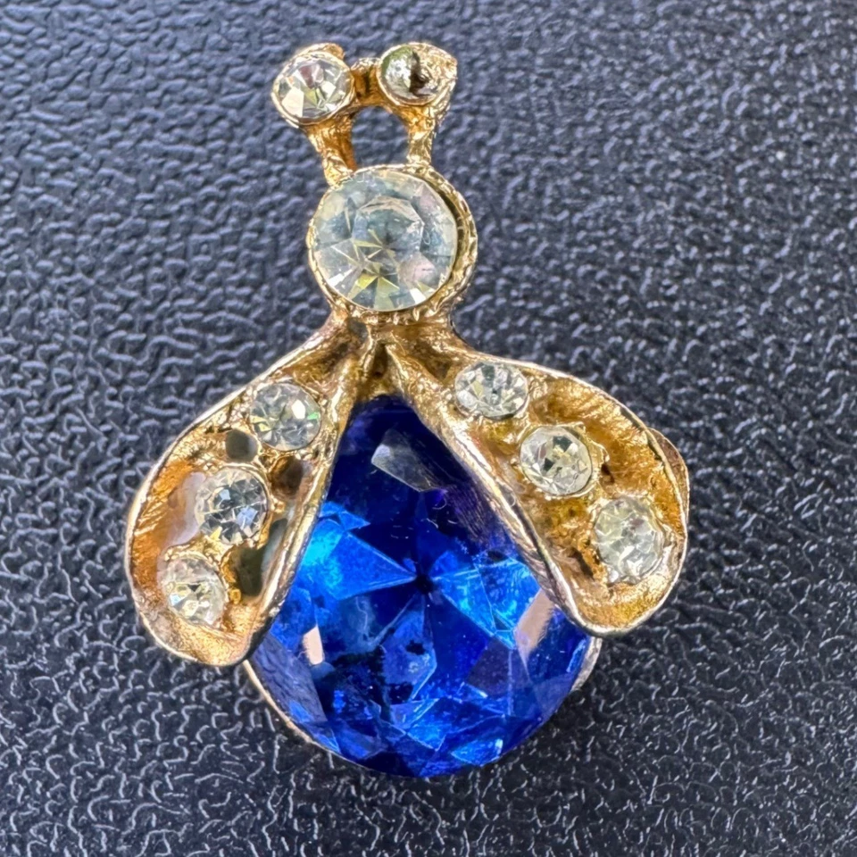 Vintage Bee Pin Brooch Rhinestone Sapphire Blue Gold Tone Lapel Jewelry - Image 3 of 4