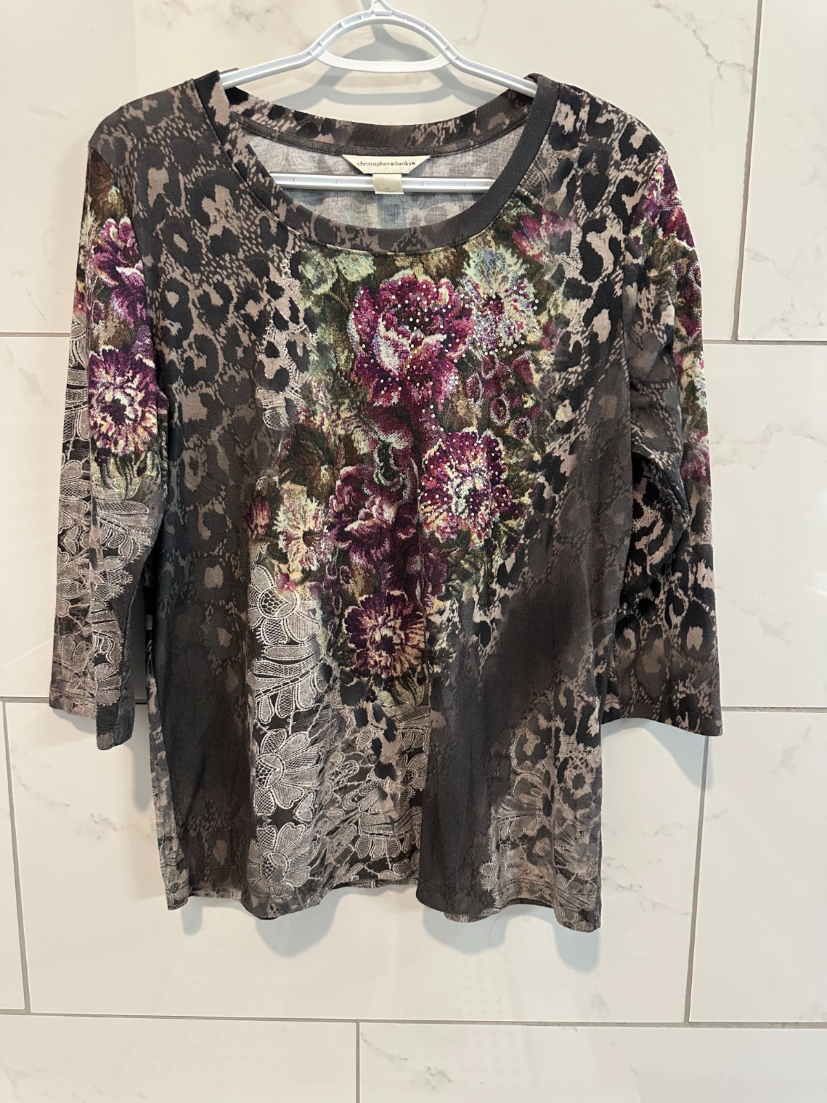 Christopher & Banks Women’s XL Embellished Floral Top 3/4 Sleeve