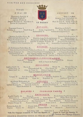 Rare 1929 Paris Restaurant Menu Le Berry Champs Elysees French Cuisine