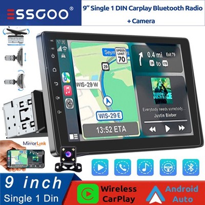 9'' Car Radio FM Apple/Android CarPlay Stereo BT Single 1 Din Head Unit + Camera