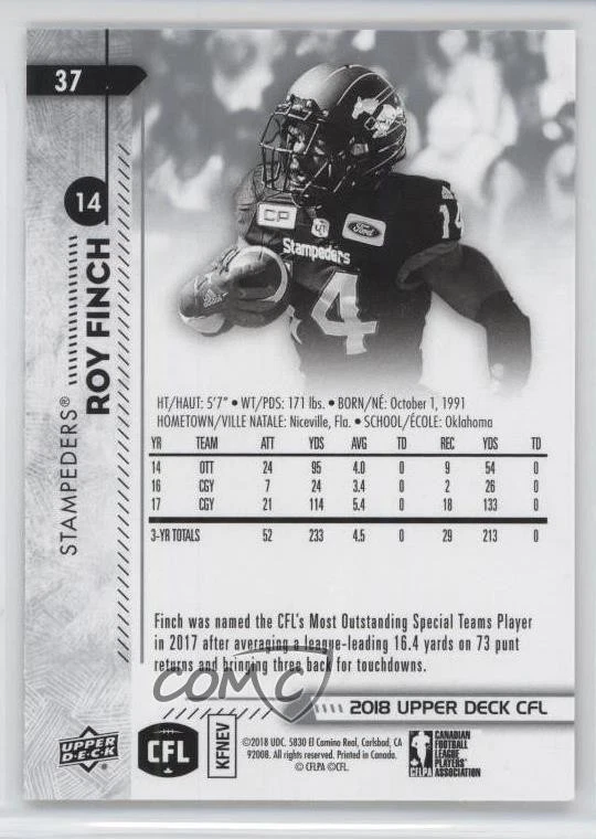 2018 Upper Deck CFL Roy Finch #37 - Image 2 of 2