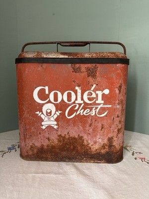 Vintage Antique 1950 Lovell Manufacturing Red Metal Cooler Chest Ice Box Eskimo