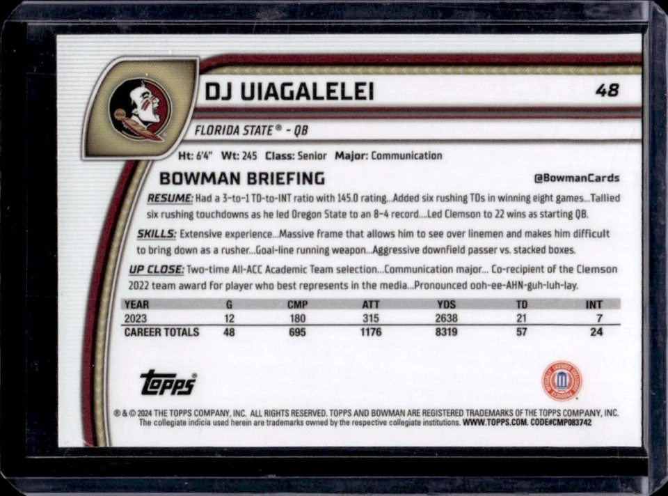 2024 Bowman Chrome U DJ Uiagalelei X Fractor #48 Seminoles - Image 2 of 2