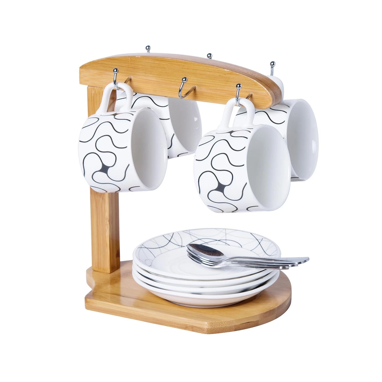 Coffee Mug Tree - Bamboo Mug Holder Hanger Stand for Countertop with Dish Tra...