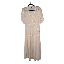 Reclaimed Vintage Dress Size 12 Pink Embroidered Lace Trim Sheer Midi
