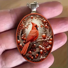 Cardinal Tree Oval Necklace Jewelry Silvery Gothic Northern Bird Winter Pendant