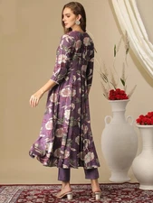 Gosriki Women'S Cotton Blend Anarkali Printed Kurta With Pant (Damian Purple-...