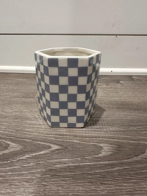Blue And White Checkered Hexagon Ceramic Planter - Image 1 of 4