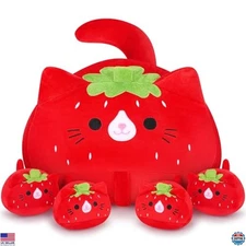 5-Piece Strawberry Cat Plush Family - 19" Mommy & 4 Cute Kittens - Kawaii Toy
