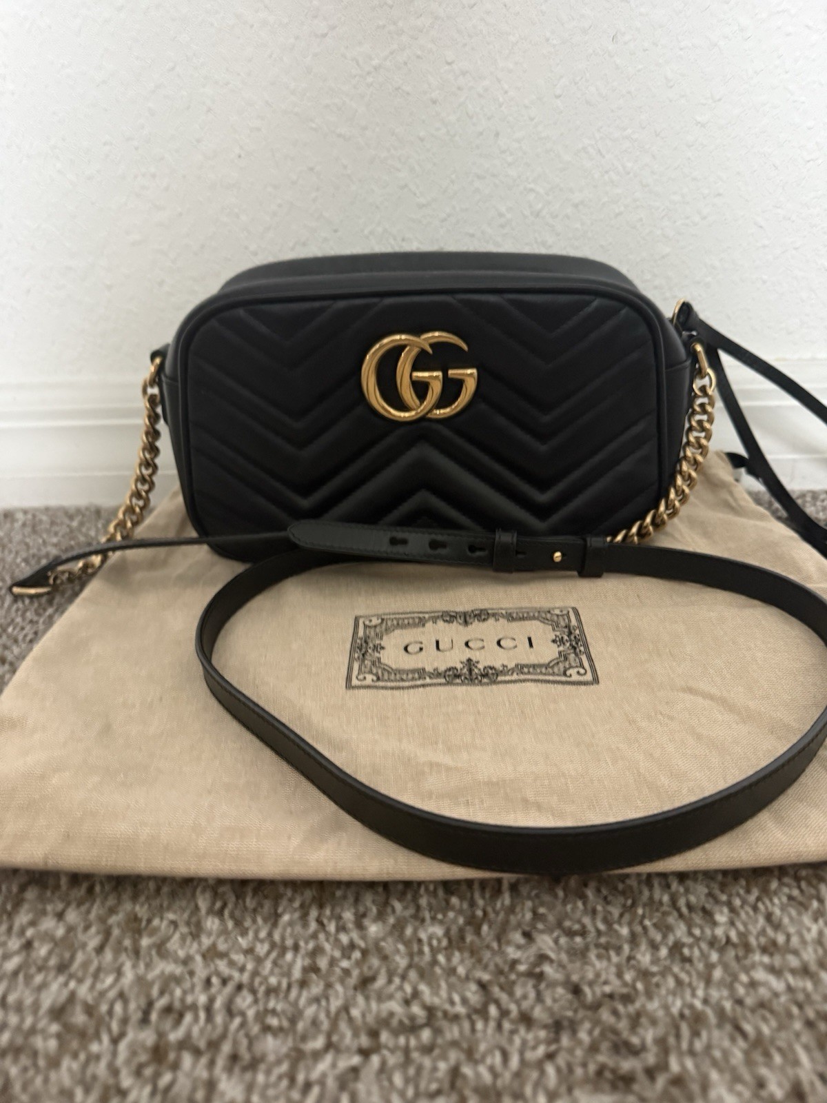 Gucci Marmont Small Camera Bag Black Leather GG Crossbody