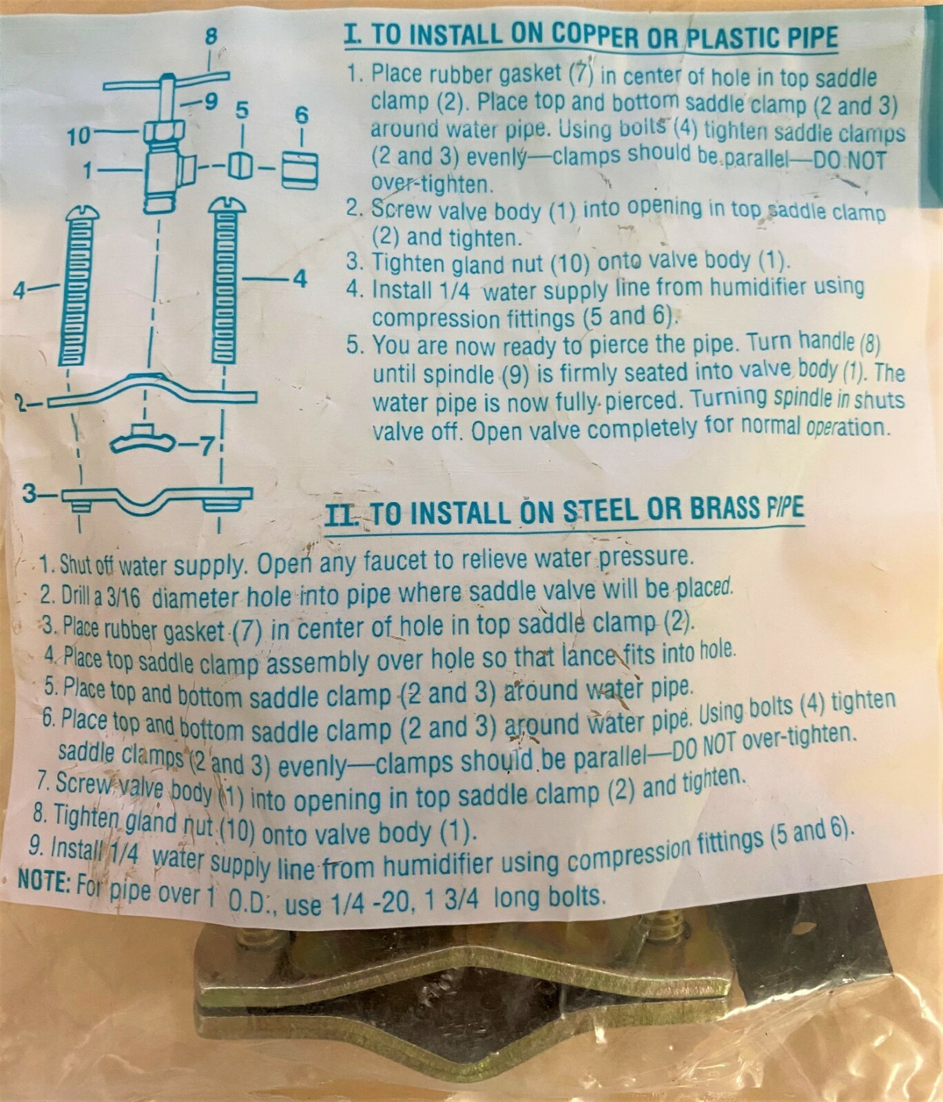 Humidifier or Ice Maker Installation Kit, Saddle Valve, Push-in Fitting, Tubing