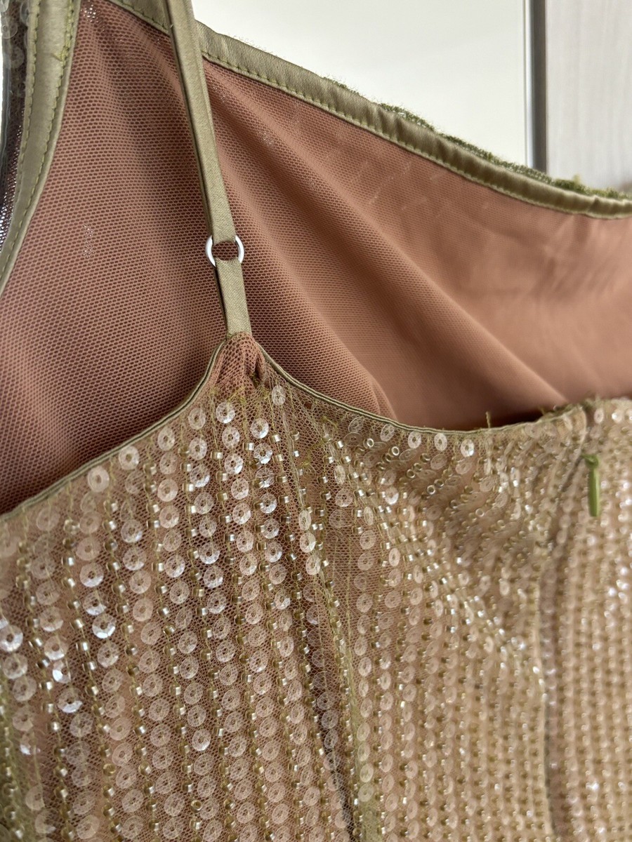 House of CB Alondra Cafe Au Lait Beaded Maxi Dress Shimmer Gold Green Prom  14 L+ | eBay
