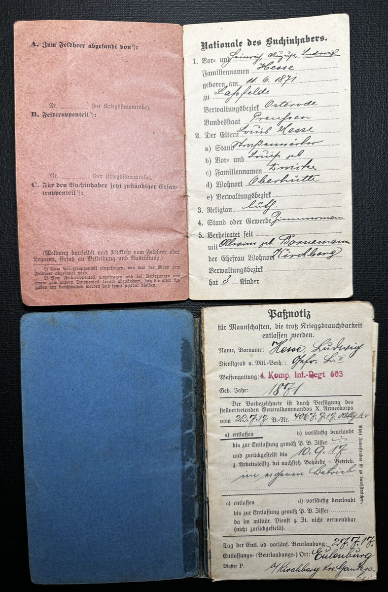 Original WWI German Soldbuch & Military Pass HESSE Landsturm