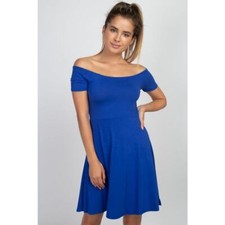 Boat Neck Short Sleeve Mini Dress in Blue Size Medium