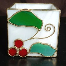 Stained Glass Christmas Holiday Holly Mistletoe Tealight Votive Candle Holder