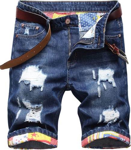 Men's Ripped Denim Shorts Casual Distressed Cotton Loose Fit Summer Breathable - Picture 15 of 33