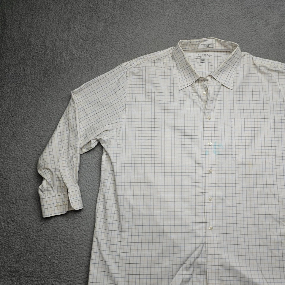 Camisa Enro Para Hombre Talla 18.5 34-35 Blanca Cuadros Manga Larga Abotonada Algodón Colla Foto 4 de 4