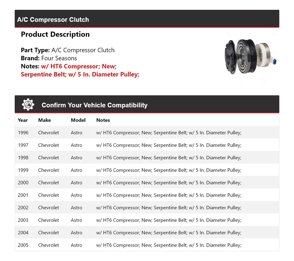 Embrague compresor aire acondicionado Chevrolet Astro 1996-2005 4 estaciones 1997 1998 1999 Foto 2 de 4