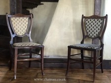 Pair Edwardian Vintage Green Teal Damask Shield Occasional Hall Bedroom Chairs