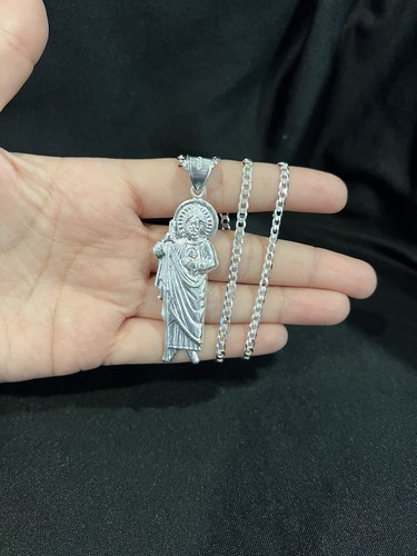 925 Sterling Silver Men's Women San Judas St Jude Pendant & Curb Chain ...