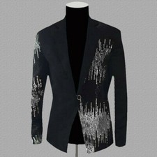 Men Blazers Suit Jacket Coat Shiny Sequin Glitter Club Weeding Party Costume SPW