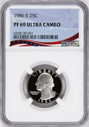 1986-S Washington Proof Quarter, Graded PF69 Ultra Cameo by NGC, Patriotic Label